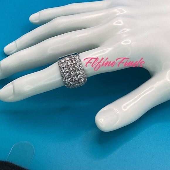 🧊💍Wide Luxurious Silver CZ Diamond 5-Row Sparkle Band Statement Cocktail Ring - Picture 16 of 17